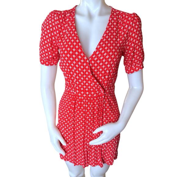 ba&sh Charlie Dress Wrap Crepe Short Sleeve Floral Print Red White Size 0 US 4 - Picture 1 of 9